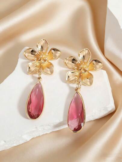 1 par de pendientes elegantes y únicos de gota de resina con diseño de flor de cinco pétalos dorada, de estilo francés retro y elegante, adecuados para uso diario y vacaciones en primavera/verano