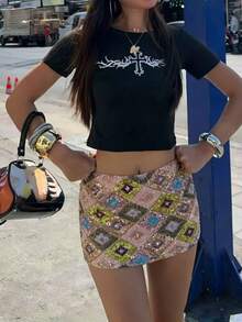 Giufajk Women's Summer Fashion Short Sequined Short Skirt Tight Seaside Club Party Sequined Mini Skirt,Y2k Skirts, Summer Vacation A-Line Skirts, Street Style, Sexy Concert Skirts - 玫紅色 - 查看 3
