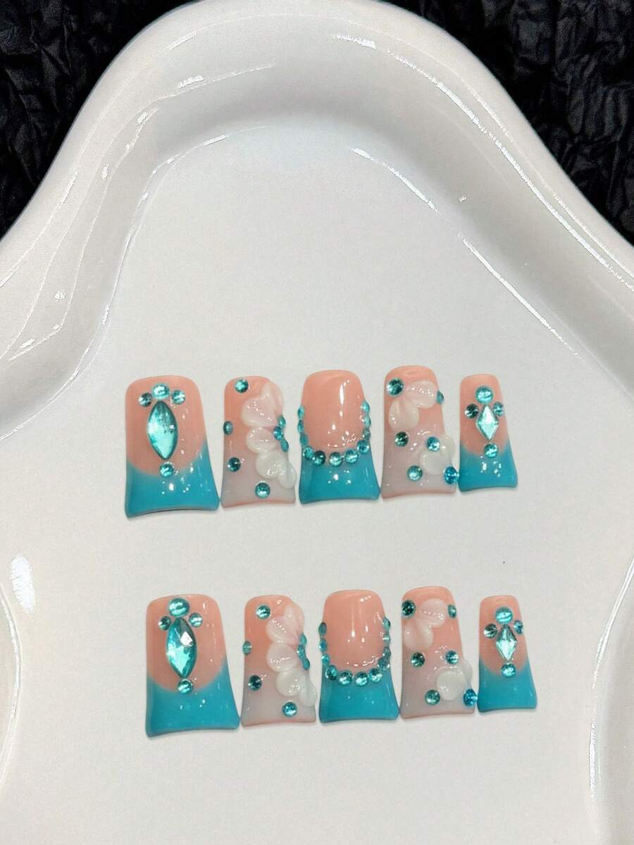 10 piezas de uñas postizas cortas con forma de pato, estilo francés azul lago con cristales, patrón floral elegante, ajuste cómodo - Azul menta - Ver 1