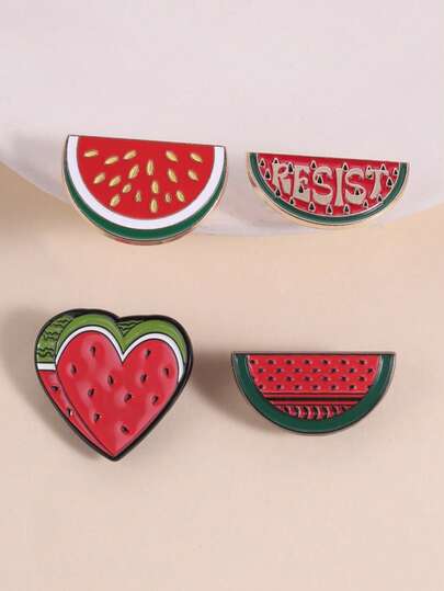 4pcs Cute Sweet Watermelon Enamel Brooch, Heart-Shaped Slice Geometric Pattern Decor, Fashion Accessory Suitable For Both Men And Women