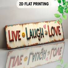 2D平面金屬牆面裝飾牌，印有「Live Laugh Love」字樣、心形與臉部圖案，復古農舍風，尺寸3.94X15.75英吋(10X40公分)，做舊白色與棕色邊緣，適合居家裝飾 - A - 查看 5