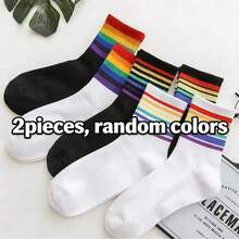 Random 1/3/6/12 Pairs Rainbow Socks, Colorful Striped Casual Mid-Calf Socks, Summer Socks For Women - Multicolor - View 9
