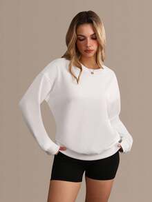Sudadera holgada de mujer con caída de hombros - Sudadera de cuello redondo de manga larga de unicolor, adecuada para primavera y otoño | Sudadera deportiva holgada y casual - Blanco - Ver 2
