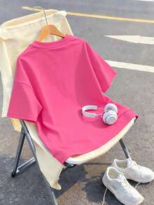 2pcs Casual Set Designed For Girls, Featuring Embroidered Bow Pattern Round Neck T-Shirt & Shorts, Summer Fashionable And Comfortable New Set - Hot Pink - View 5