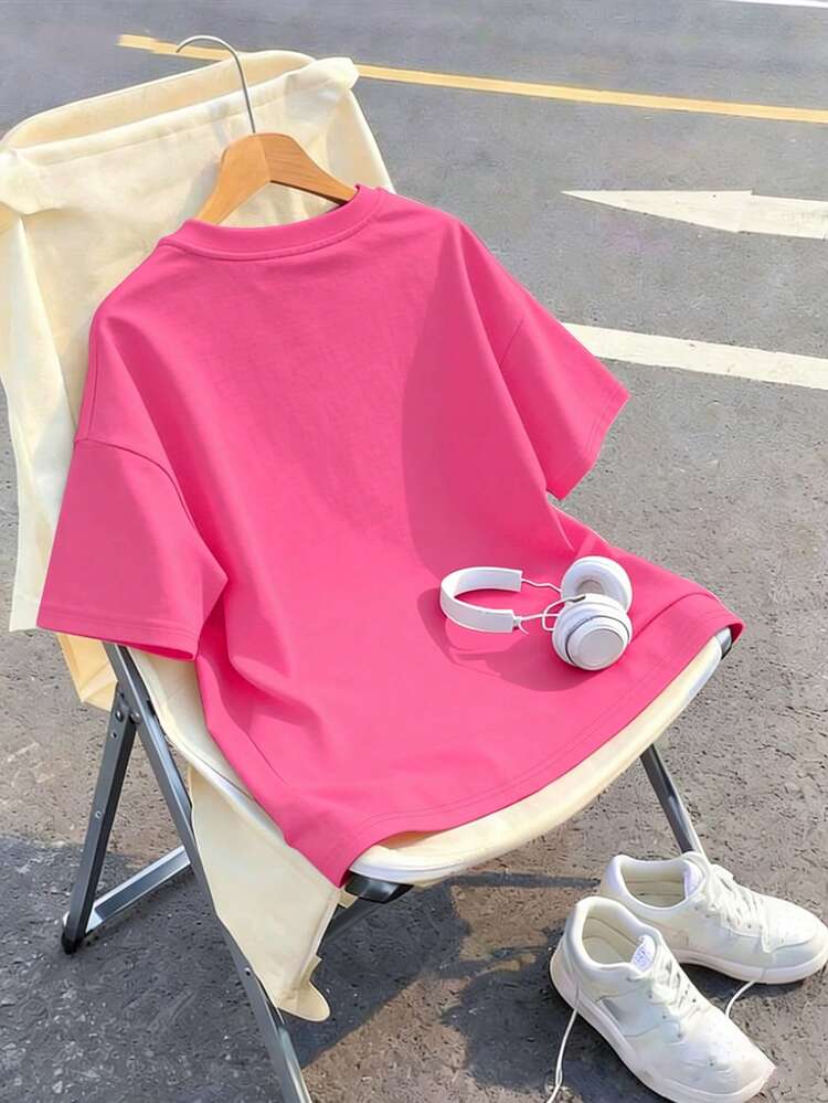 专为女孩设计的两件套休闲套装，包括一件绣有蝴蝶结图案的圆领T恤和一条短裤，夏季时尚舒适新款套装 - 玫紅色 - 查看 5