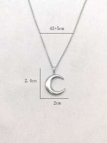 1pc Stainless Steel Oil Pressure Moon & Ox Horn Shaped Pendant Necklace, Bohemian Style Minimalist Unique Jewelry For Women - Silver - View 3