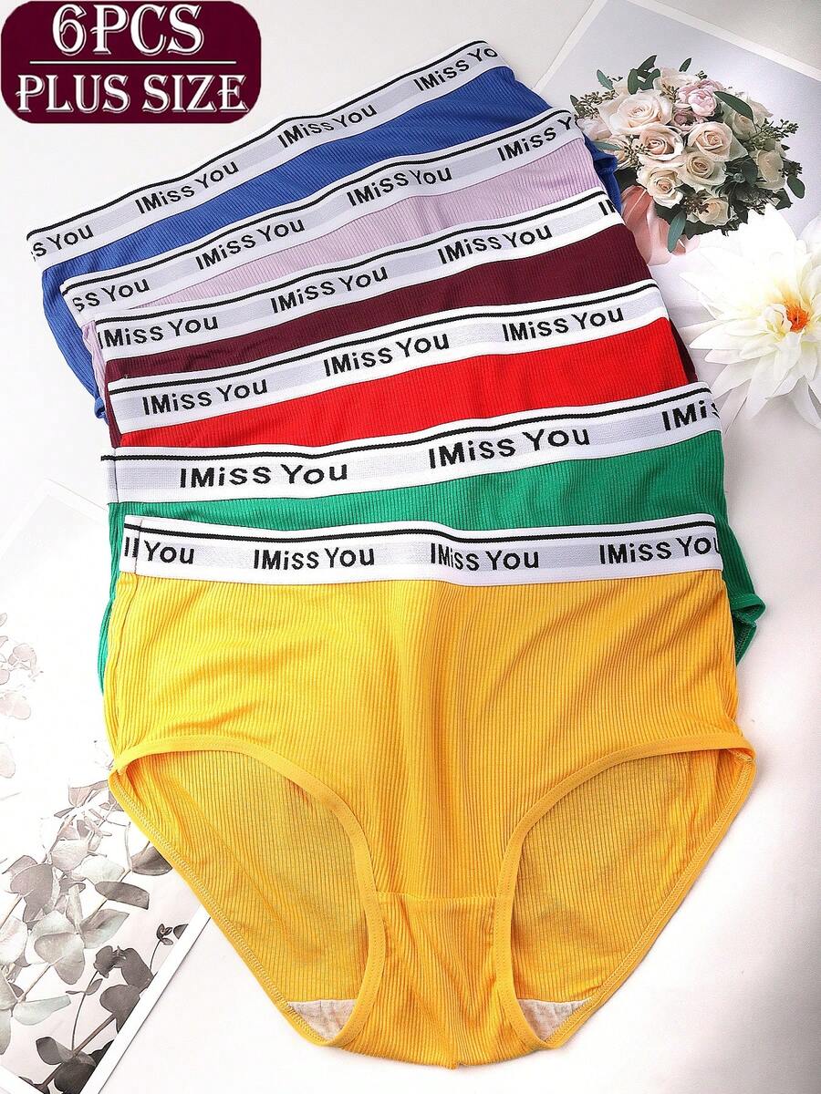 Women's Plus Size Letter Ribbed Seamless Underwear Set 6 Pack, Comfortable Breathable Loose Fit Panties For Daily Wear, Spring Summer Essential,Plus Size Summer - Nhiều màu - Xem 1