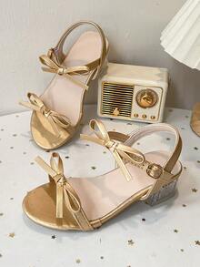 Girls' Crystal Bow Glitter Sandals With Transparent Chunky Heel - Gold - View 9