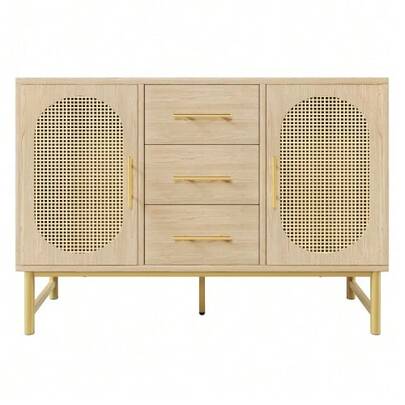 Rattan Sideboard With 3 Drawers And 2 Rattan Doors, Dressing Table, For Bedroom And Living Room, Adjustable Shelves, Anti-Tip Device, 120 X 40 X 74 Cm, Sonoma Oak