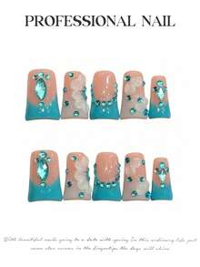 10 piezas de uñas postizas cortas con forma de pato, estilo francés azul lago con cristales, patrón floral elegante, ajuste cómodo - Azul menta - Ver 5