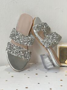Giày sandal dự tiệc cho bé gái đính đá lấp lánh, đế trong suốt, gót dày. - Bạc - Xem 8