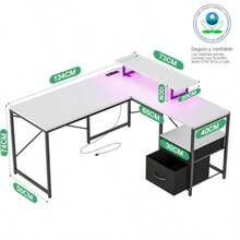 Escritorio MinimalistaEscritorio Gamer Escritorios En L con Regleta y Tira LED Escritorios con Cajones Escritorios con Soporte para Monitor Apto para Oficinas y Dormitorios - Blanco - Ver 4