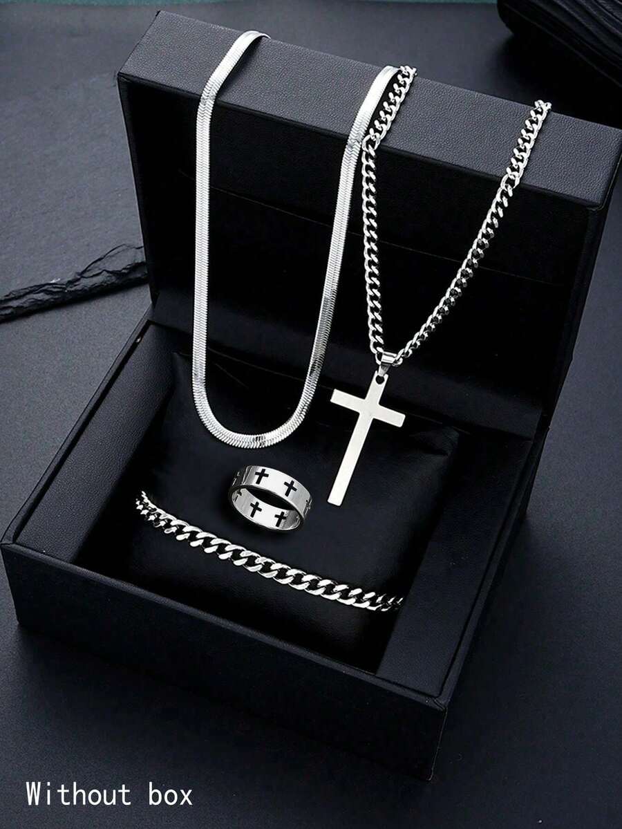 4 piezas Conjunto de joyería de acero inoxidable para hombres, collar con colgante de cruz, cadena cubana, cadena de serpiente y anillo de cruz, joyería de uso diario de estilo hip hop y punk - Plateado - Ver 1