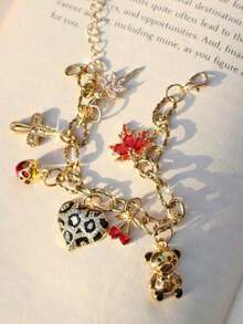 Renaissance Vintage Teddy Bear Charm Bracelet Y2K Cherry Charm Bracelet Party Music Festival Disco Ball Charm Bracelet Red Heart Charm Bracelet Valentines,Mom,Mother,Mother's Day, - 銀 - 查看 11