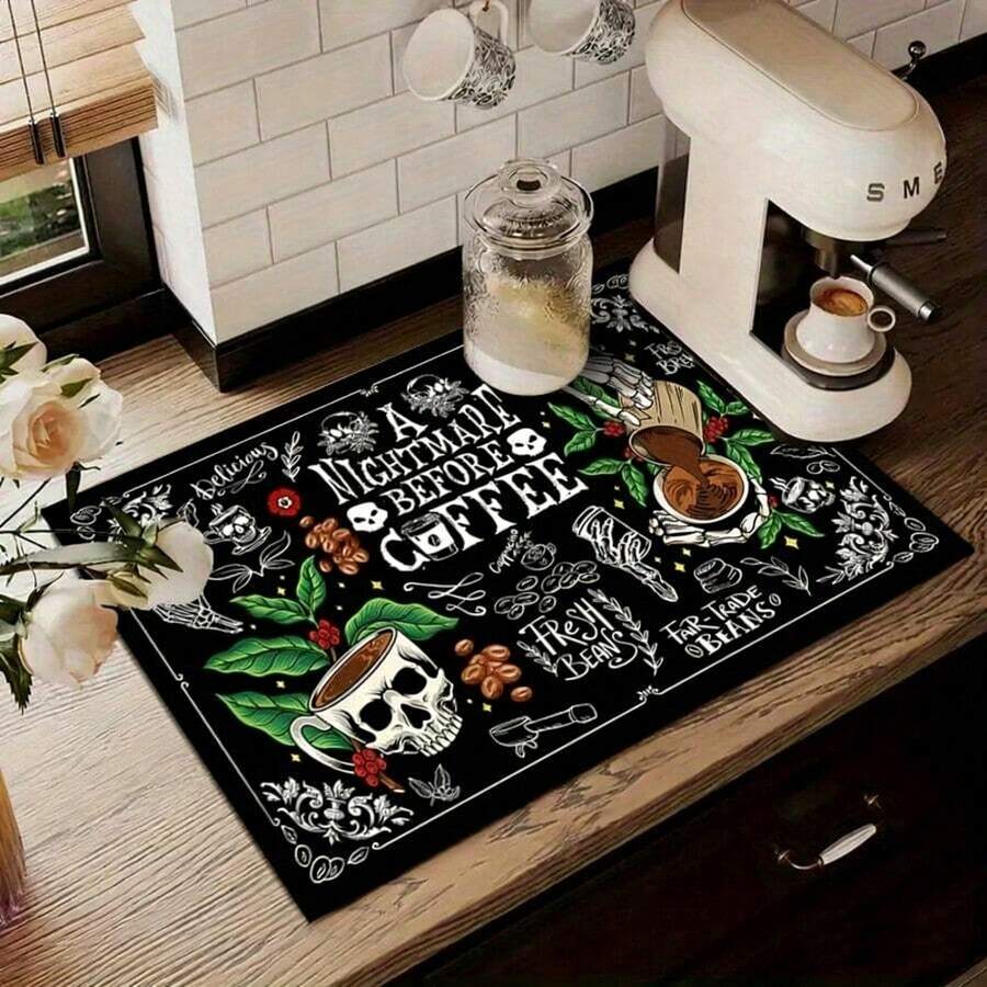 1 Piece, Square Skull Coffee-Patterned Table Mat, Coaster, Tabletop Protection Mat, Coffee Machine Mat, Kitchen Draining Mat, Home And Kitchen Placemats
