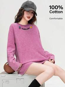 Áo thun nữ JUTU phong cách đường phố Mỹ cổ điển, chất liệu cotton thoải mái, thích hợp mặc thường ngày vào mùa xuân và mùa thu. - 0A23 (đã rửa) thanh long đỏ-YH775 chữ đen - Xem 4