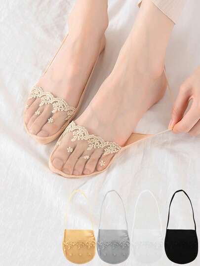 chuanwa（2） 1/5/10 Pairs Of Summer Lace Women's Mesh Invisible Breathable Non Slip Fashion Flower Embroidery Boat Socks