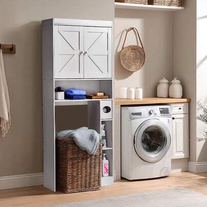 VEVOR Over The Toilet Storage Cabinet, 67.44 In Height Bathroom Storage Organizer With Double Door And Adjustable Shelf, Bathroom Space Saver Organizer Above Toilet With Open Shelf, White