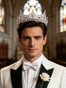 Baroque Style Silver Full Round Men's Crown, Luxury King's Headpiece For Groom & Formal Events - Multicolor - View 1