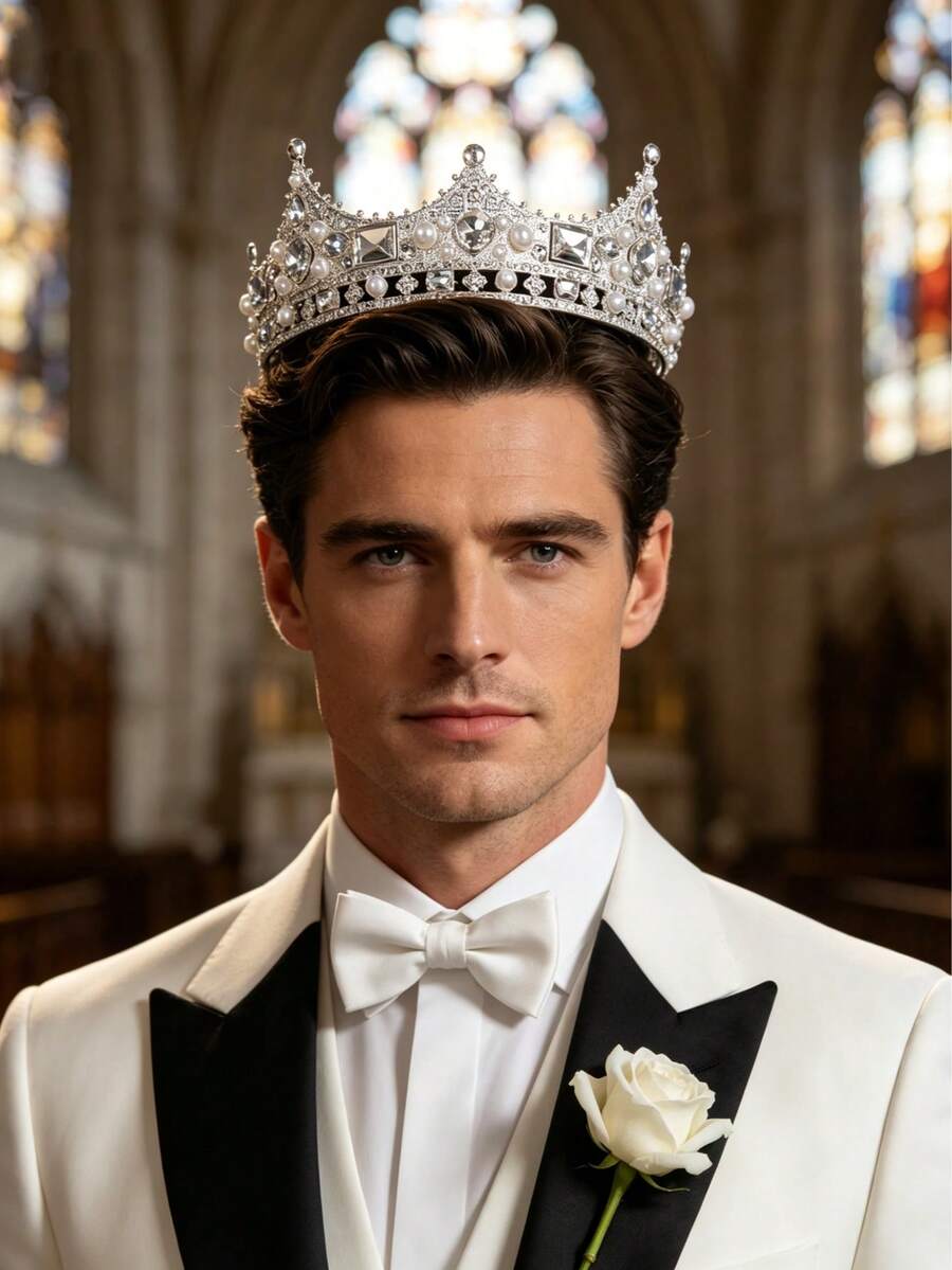Baroque Style Silver Full Round Men's Crown, Luxury King's Headpiece For Groom & Formal Events - Multicolor - View 1