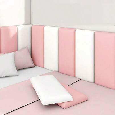 5pcs Self-Adhesive Bedroom Tatami Backrest Soft Pad, Pink & White Pattern, 3D Thickened Self-Adhesive Anti-Collision Wall Surround, Headboard Room Decoration, Sponge Soft Pad, Hotel, Dormitory Wall Decoration Soft Wall Sticker, Peel Off Backing Paper To Stick