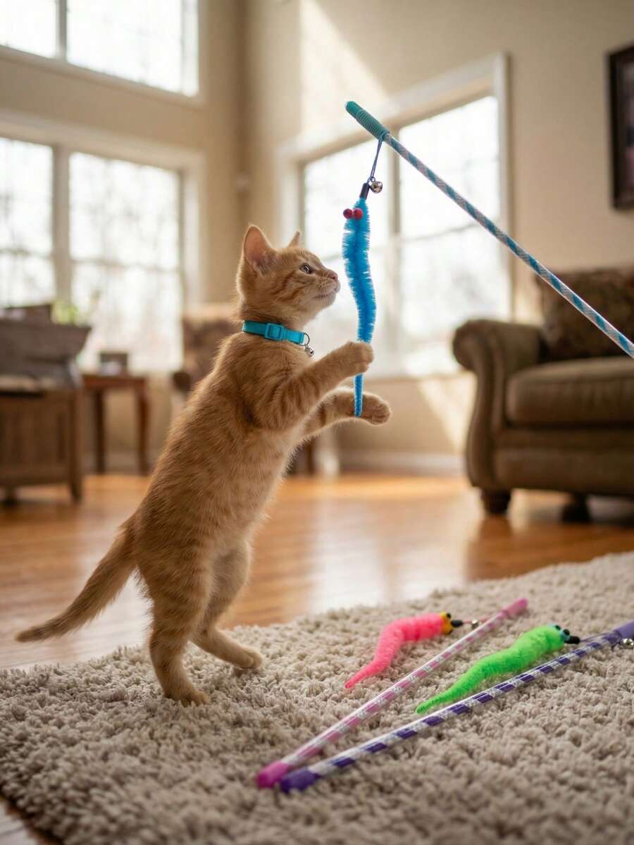 1个随机颜色猫咪毛绒玩具铃铛棒，条纹或毛毛虫造型互动宠物玩具 - 彩色 - 查看 1
