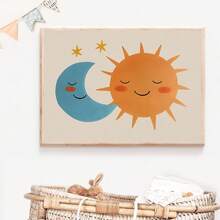 1pc Canvas Wall Art, Framed Children's Room Wall Art, Smiling Sun And Sleeping Moon Design, Cute Children's Room Wall Decor, Soft Color Tone Kids Room Decor, Lovely Starry Sky Theme, Children's Room Decor, Playroom Poster, Preschool Decor, Nursery Decor, Planet Poster, Kids Gift, Party Decor, Waterproof, Comfortable Decorative Art - Multicolor - View 10