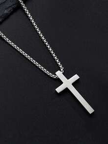 4 piezas Conjunto de joyería de acero inoxidable para hombres, collar con colgante de cruz, cadena cubana, cadena de serpiente y anillo de cruz, joyería de uso diario de estilo hip hop y punk - Plateado - Ver 5