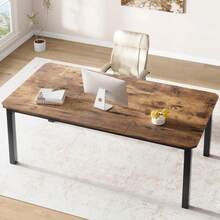 Mesa de comedor estilo granja industrial de 78,7 pulgadas para 6-8 personas, superficie extra ancha con borde biselado moderno, patas de metal negro mate, tablero MDF de alta densidad, fácil montaje - Marrón - Ver 4