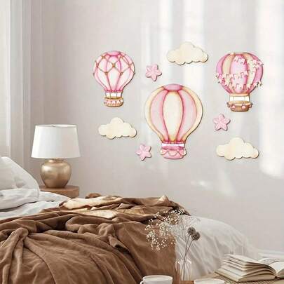 Bộ 9 món đồ trang trí tường bằng gỗ hình khinh khí cầu màu hồng với mây và sao, thích hợp cho phòng ngủ, lớp học và phòng chơi, dễ treo, trang trí nghệ thuật tường sống động và vui nhộn, thiết kế cổ điển, trang trí nhà cửa, trang trí phòng ngủ, trang trí độc đáo, nghệ thuật tường như trong mơ, đồ trang trí bằng gỗ nhẹ, đồ treo tường thủ công, điểm nhấn trang trí tường, đồ trang trí, đồ dùng cho giáo viên