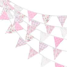 D32ft Pink Bow Triangle Bunting Banner Floral Baby Shower Banners 36 Pcs Cotton Fabric Gingham Flags Pennant Garlands Pink White For Birthday Party Wedding Baby Shower Outdoor Home Decorations - 粉紅色和白色 - 查看 7