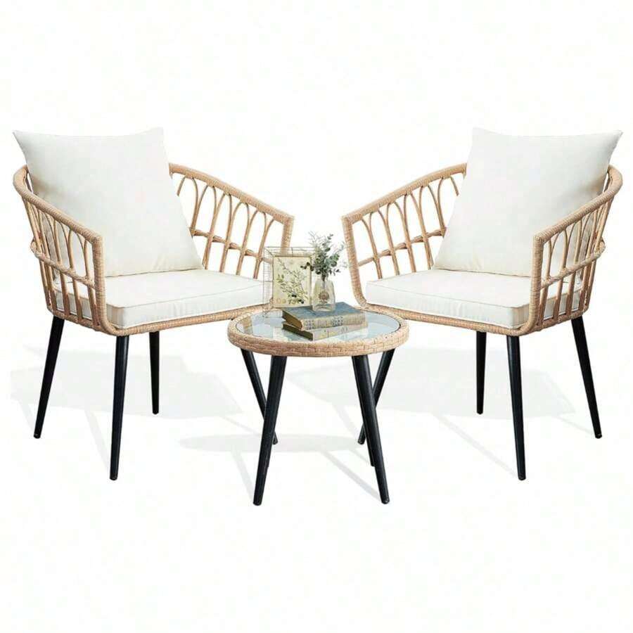 3 Pieces Of Outdoor Vine -Edited Furniture Sets, All -Weather Rattan Chair Chat Combinations, With A Round Table, Suitable For Gardens, Balconies, Backyard, Porch, Deck - 深藍色 - 查看 1