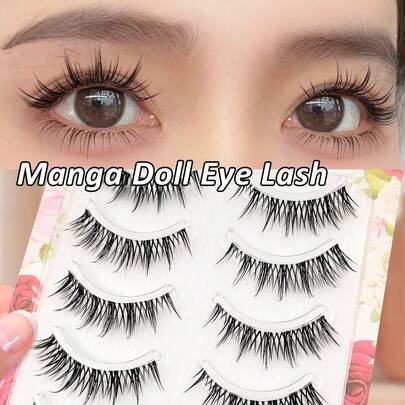 Asiteo 5 Cặp mi giả kiểu Manga Eye Doll, mi giả anime, mi giả mềm mại tự nhiên, mi nối mỏng nhẹ, mi giả kiểu truyện tranh, băng dính trong suốt, mi giả tự nhiên có thể tái sử dụng, trang điểm hàng ngày