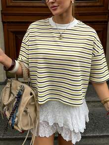 Camiseta de cuello redondo corta de mujer con rayas de colores, de tela de punto con elasticidad media, longitud regular, casual, ropa deportiva de mujer, primavera/verano blanca - Amarillo - Ver 3