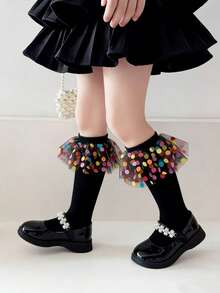 1/3 Pairs Colorful Rainbow Polka Dot Tulle Lace Trim Girls Socks, Black, White, Soft & Comfortable Knee-High Socks, Fashionable & Cute, Suitable For Dancing, Party, Daily Wear, Fits Ages 2-12, Holiday Gift - Multicolor - View 2