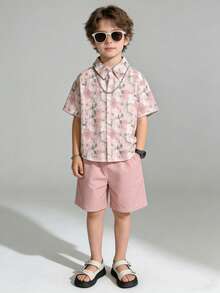 Bộ áo sơ mi và quần short in hoa hồng thanh lịch dành cho bé trai. - Hồng - Xem 8