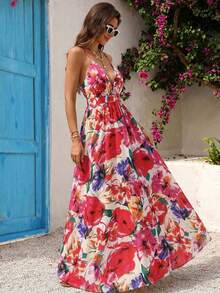 Women's Casual Vacation Dress, With Print And Backless Design, Elegant And Stylish, Halter Neck Style With A Full Skirt. - 玫紅色 - 查看 1