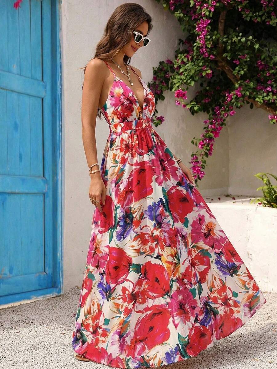 Women's Casual Vacation Dress, With Print And Backless Design, Elegant And Stylish, Halter Neck Style With A Full Skirt. - 玫紅色 - 查看 1