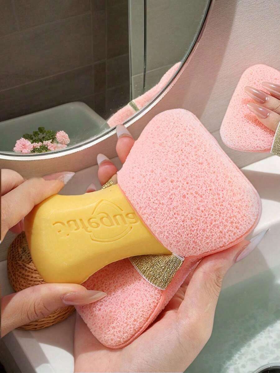 2pcs Sponge For Soap Placement, Bathing Sponge, Lathering Sponge, Creative Sponge, Soft Exfoliating Shower Sponge/Bath Ball/Loofah, Super Soft For Home Bathroom And Shower Accessories/Cleaning Tools/Soap Dish/Soap Cleaning Tools/Foam Net Shower Back Scrubber, Soap Bag, Knotted Bathing Soap Bag, Easy To Lather And Dry, Body Scrub, Back Scrub, Skin Smoother, Remove Dirt And Dead Skin, Body Cleaning Tool, Bathroom Supplies, Bathroom Decor, Summer - Pink - 查看 1