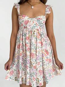 Women Floral Ruffle Strap Babydoll Dress Sleeveless Backless A-Line Summer Mini Sundress - 杏色 - 查看 3