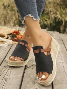 Women's Straw Wedge Rope Open Toe Slippers, Thick Sole Elevated Summer Outdoor Sandals - Black - View 6