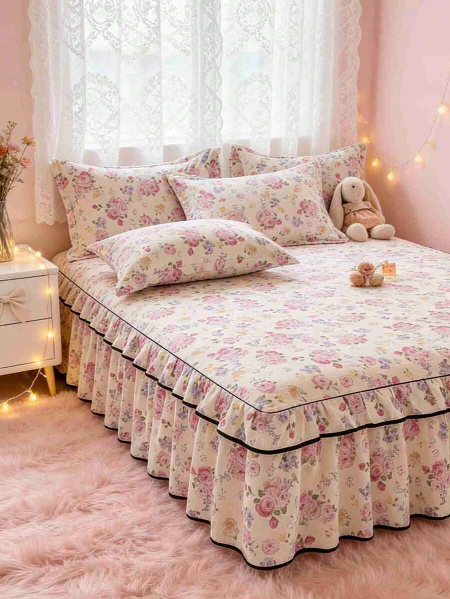 Falda de cama con volantes y estampado impreso, cubierta protectora contra el polvo de cobertura completa, cómoda y suave, no se destiñe, no se pelea, no se encoge, múltiples tamaños, adecuada para el hogar, dormitorio, sala de estar, viajes al aire libre, todas las estaciones - Z-Fog HY - Ver 1