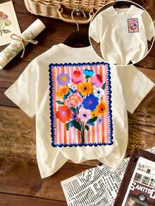 Women's Casual Plus Size Short-Sleeved Round-Neck T-Shirt, With A Bright Floral Pattern On The Back, In A Bohemian Style. Made Of High Elasticity Fabric. Summer Model. - Apricot - View 1