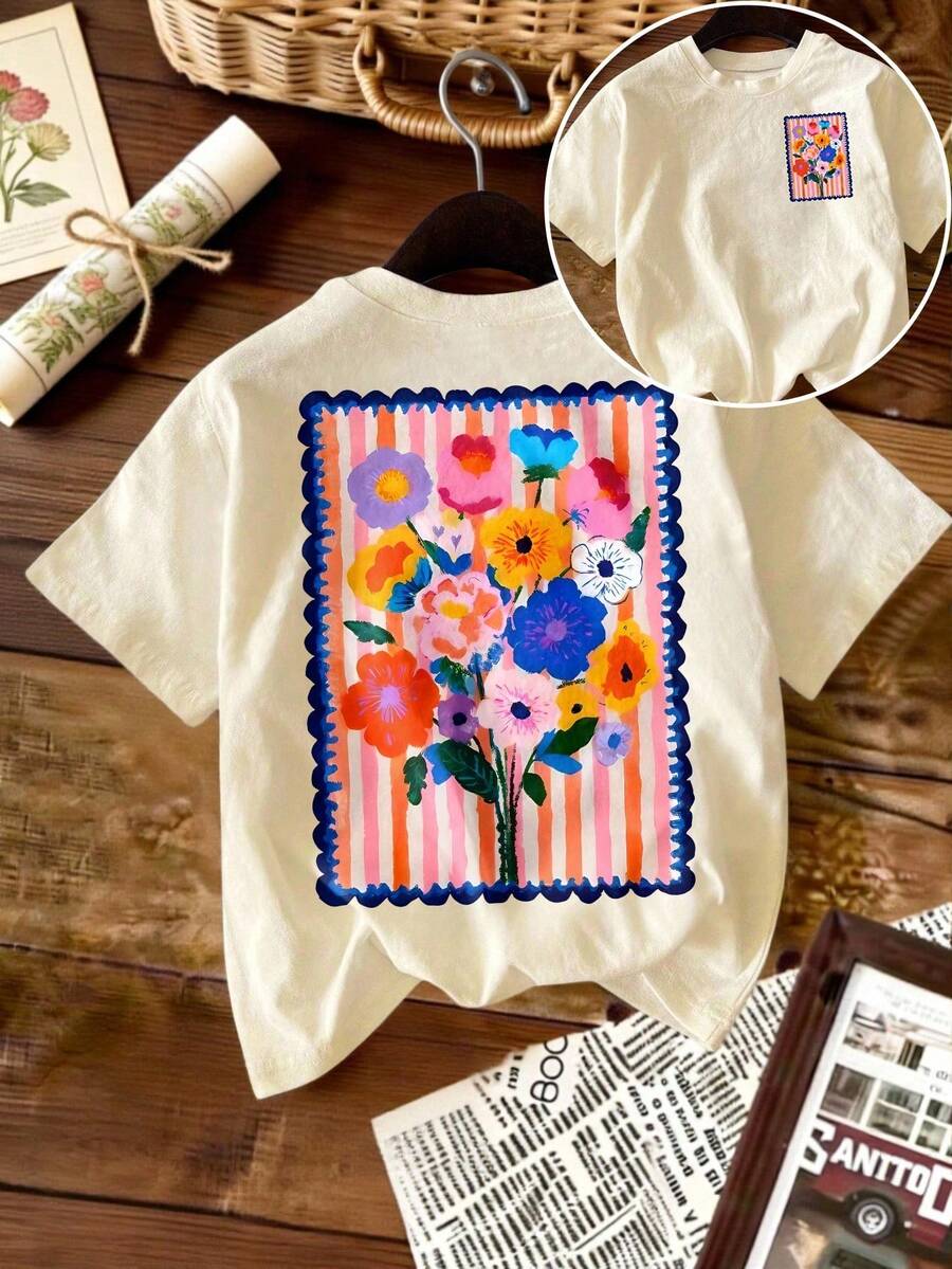 Women's Casual Plus Size Short-Sleeved Round-Neck T-Shirt, With A Bright Floral Pattern On The Back, In A Bohemian Style. Made Of High Elasticity Fabric. Summer Model. - Apricot - View 1
