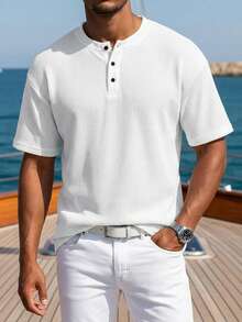 1 chiếc áo thun nam tay ngắn Henley màu trắng, áo polo nam, kiểu Mỹ cổ điển 3 nút, áo thun thường ngày kiểu Hawaii, chất liệu thoáng khí, kiểu dáng nghỉ dưỡng, áo thun thường ngày mùa hè đi biển. - trắng - Xem 4