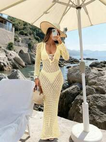 2026春夏新款白色V领罩衫连衣裙，针织面料，镂空纹理，前系带镂空设计，性感波西米亚风宽松版型，适合海滩度假、泳池边、热带户外休闲、音乐节、春夏出游、海滩主题派对等场合。 - 金淺黃 - 查看 9