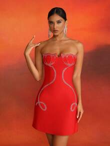 Love Aing Red Strapless Mini Dress With Tulip Floral Pattern, Sexy Party Holiday Cocktail Dress Suitable For Dances, Gatherings, Weddings; Luxurious Elegant Formal Gown, Suitable For Bridesmaids And Brides - Red - View 7