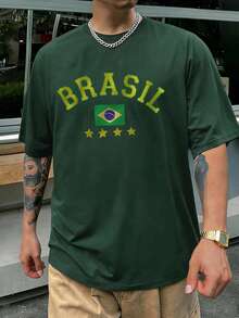 Áo thun nam in hình, áo bóng đá Brazil kiểu retro, trang phục thường ngày dành cho người hâm mộ bóng đá, áo bóng đá, chất liệu vải dệt kim thoáng khí 100% polyester, kiểu dáng vừa vặn, cổ tròn. - Màu xanh lá cây đậm - Xem 3