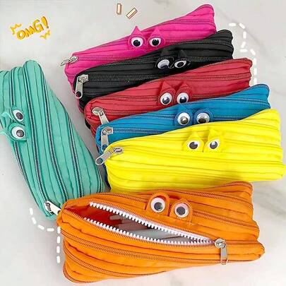 趣味拉链铅笔盒，配有可爱的活动眼睛，有多种颜色可选，非常适合整理文具、小配件和旅行必需品，小巧俏皮的设计适合日常使用。