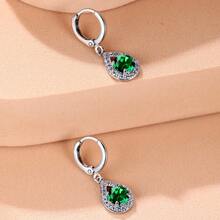 Vanel 1 pieza Hermosos pendientes de clip minimalistas plateados con circonita cúbica, pendientes de lágrima delicados y brillantes con cierre de palanca, joyería de moda para mujer, para uso diario y fiestas - Plata-Verde-Blanco - Ver 2